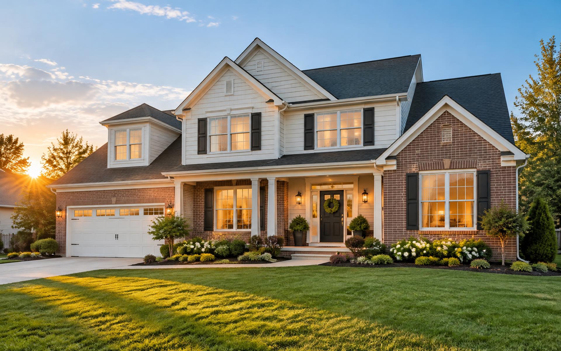 Two-story suburban home with a brick facade at sunset